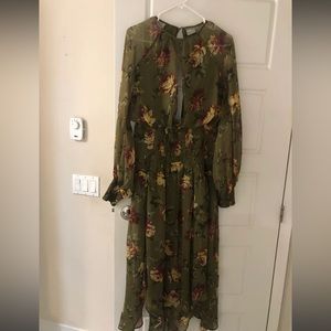 ASOS Olive Green Floral Long Sleeve Midi Dress